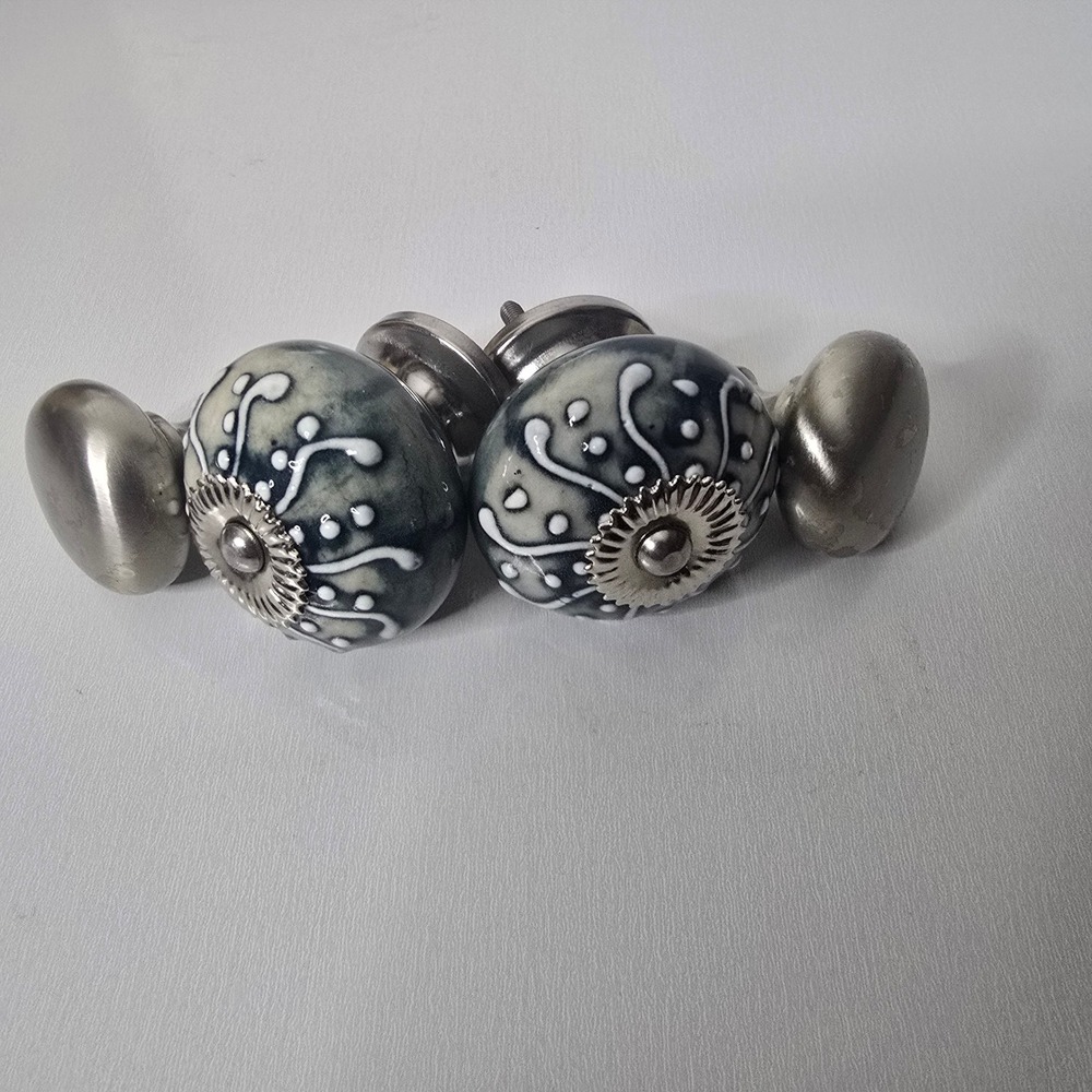 Set of 2 Ceramic Drawer Knobs Hand Painted Boho & 2 Silver Cabinet Pull-4 Pieces